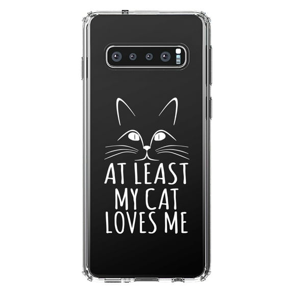 DistinctInk Clear Shockproof Hybrid Case for Samsung Galaxy S10 (6.1" Screen) - TPU Bumper Acrylic Back Tempered Glass Screen Protector - At Least My Cat Loves Me