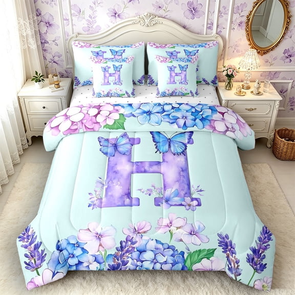 Castle Fairy Floral Butterfly Letter H Twin Bedding Sets 7-Piece for Girls,Spring Garden Bedding Comforter Set
