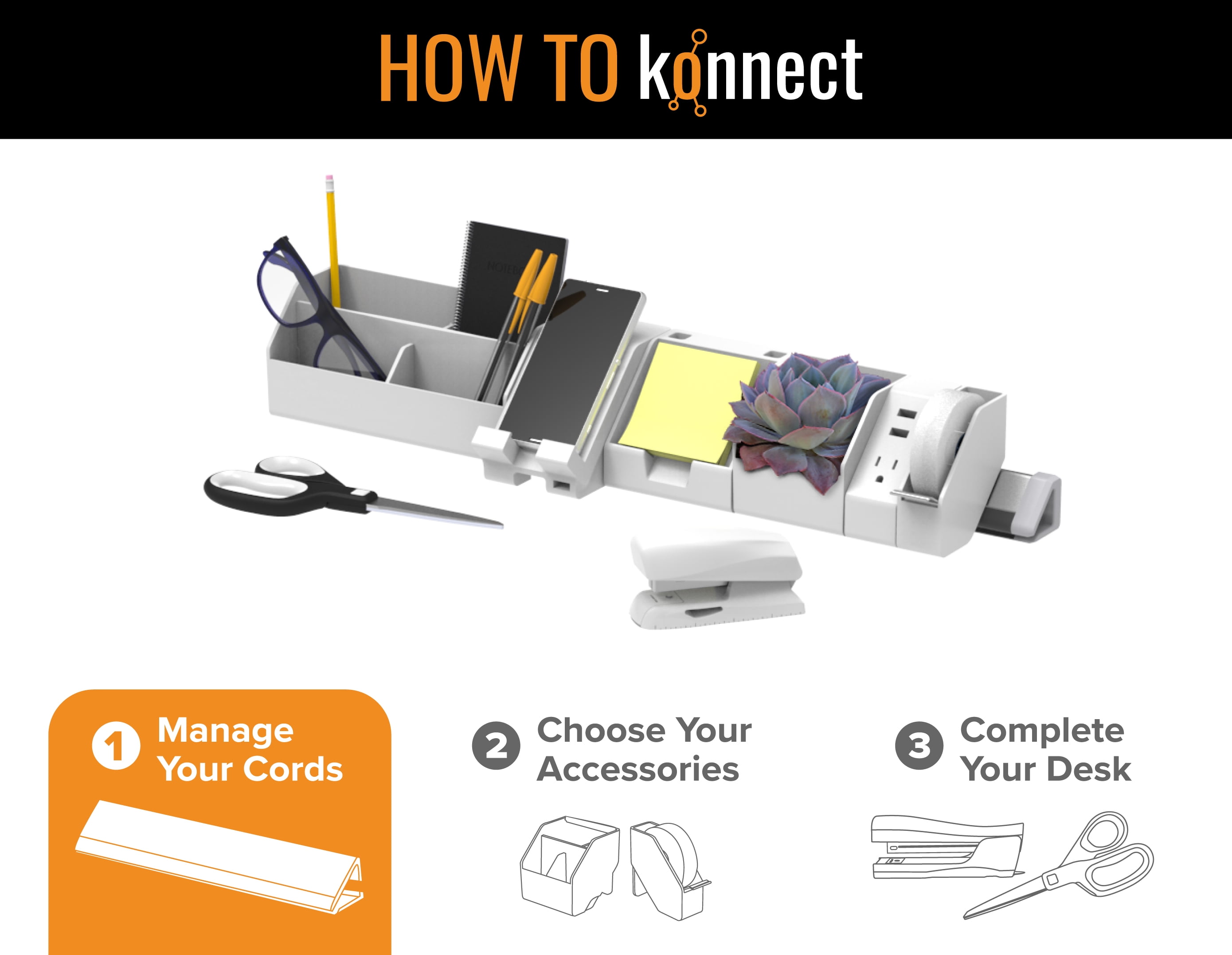 Bostitch Konnect™ 21.5" Cable Management Rail for Routing + Hiding Cords, Sticks to Desk