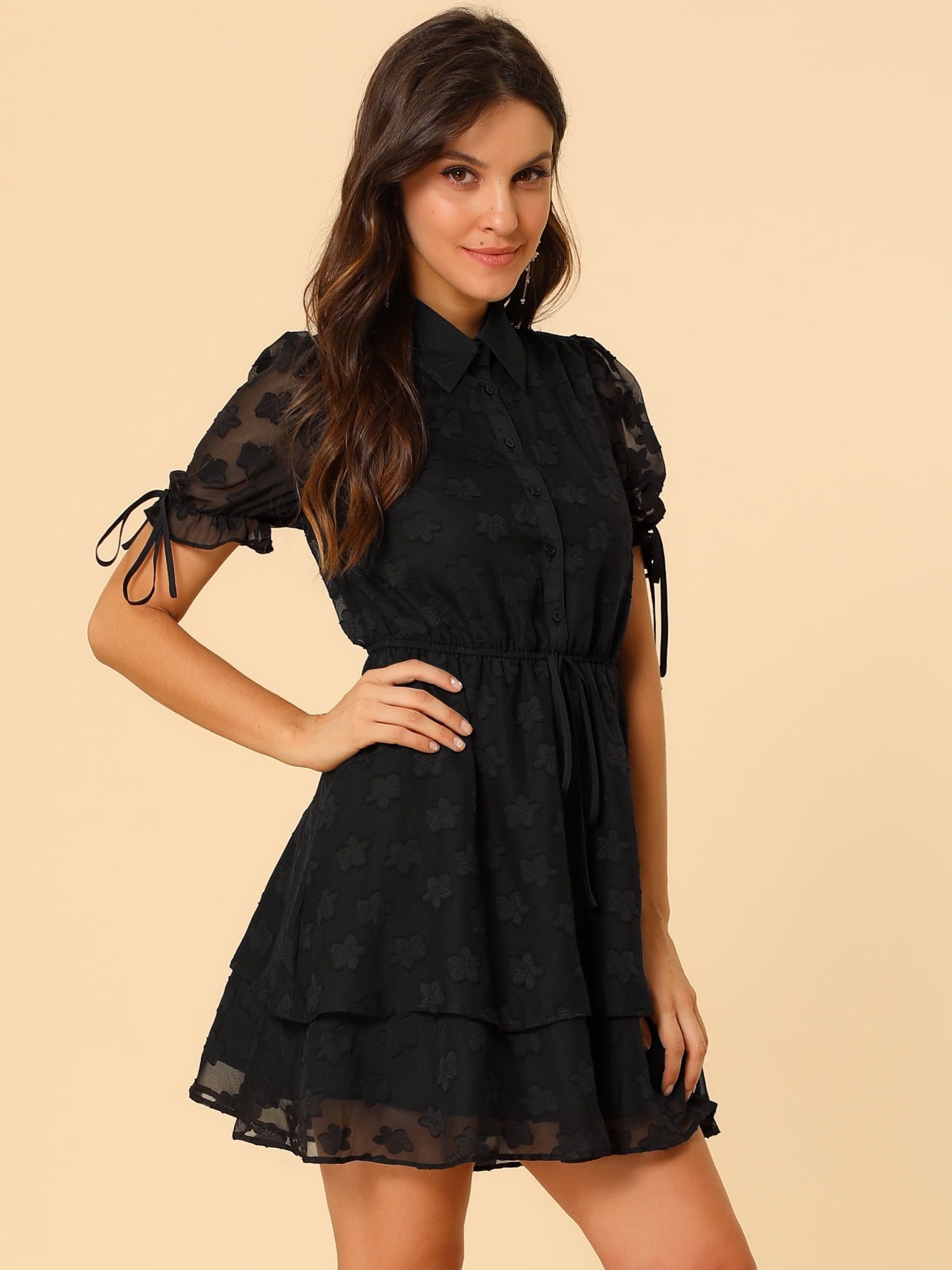 DARING DIVA Solid Short Sleeve A-Line Shirt Dress L Black