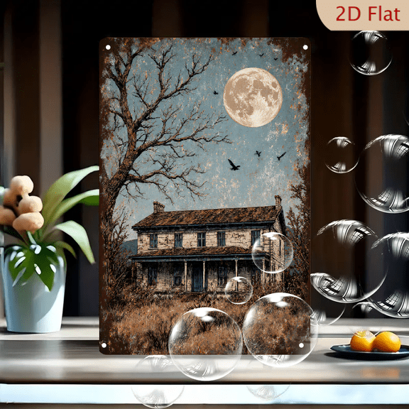 Haunted Old House Art 8x12in Metal Wall Decor, Vintage Gothic Abandoned Mansion with Full Moon Crows, Melancholic Distressed Sky Landscape for Home Office Hallway