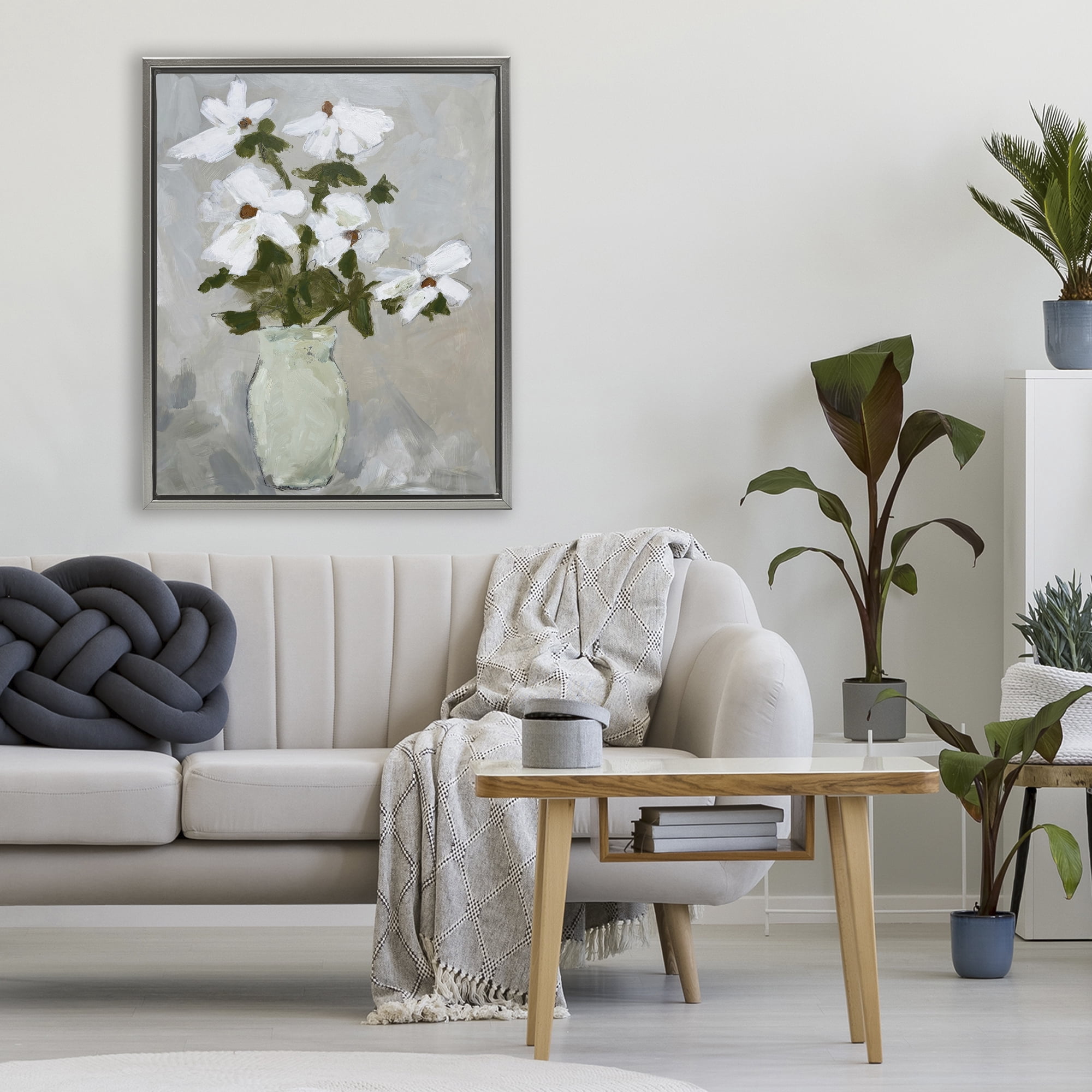 Stupell Industries Cosmos Flowers Serene Rustic Vase Gray Framed Floater Canvas Wall Art, design by Chloe Elliot