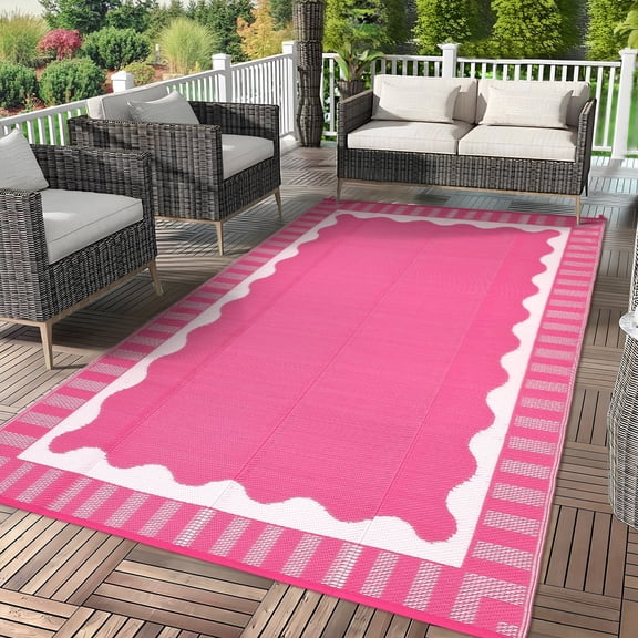 Garvee 8x10ft Outdoor Rug Modern Simple Reversible Area Rug, Plastic Straw Rug Waterproof Outdoor Carpet with Bordered Design for Patio Backyard Camping Beach RV Porch, Rose Red