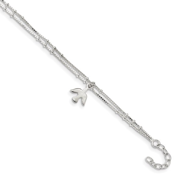 925 Sterling Silver 2 Strand Dove 9 Inch Plus 1 Anklet Ankle Bracelet Religious