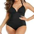 thumbnail image 1 of Women‘s Summer Swimsuit Jumpsuit  Solid Color V-Neck Ruched Triangle Bikini Slim Fit Beachwear, 1 of 7