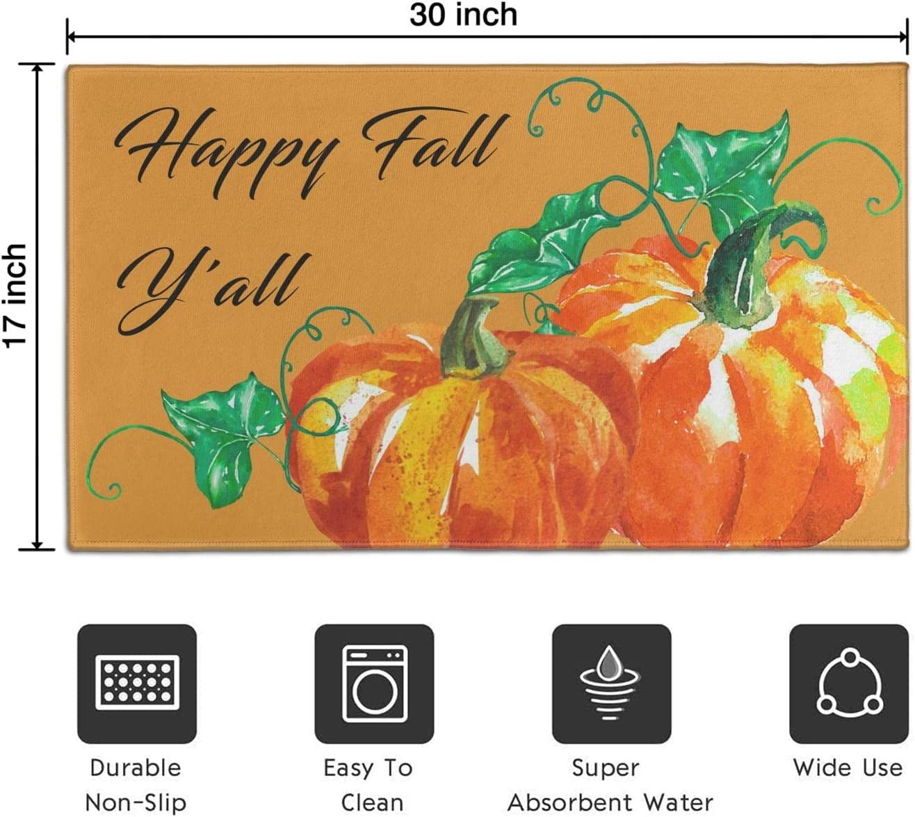 Pumpkin Rug Happy Fall Yall Rugs Fall Door Mat Floor Door Rug Outdoor & Indoor Rugs for Front Door Patio Non-Slip Rubber Entrance DoorMats 30" X 17"