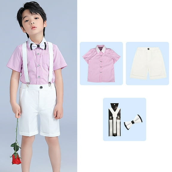 Edvintorg 18M-12Y Toddler Boy Summer Outfits Fashion Short Sleeve Blouse Tie Solid Color Overalls Gentleman's School Uniform Suit Children Clothes Boys Back To School Outfits for Boys