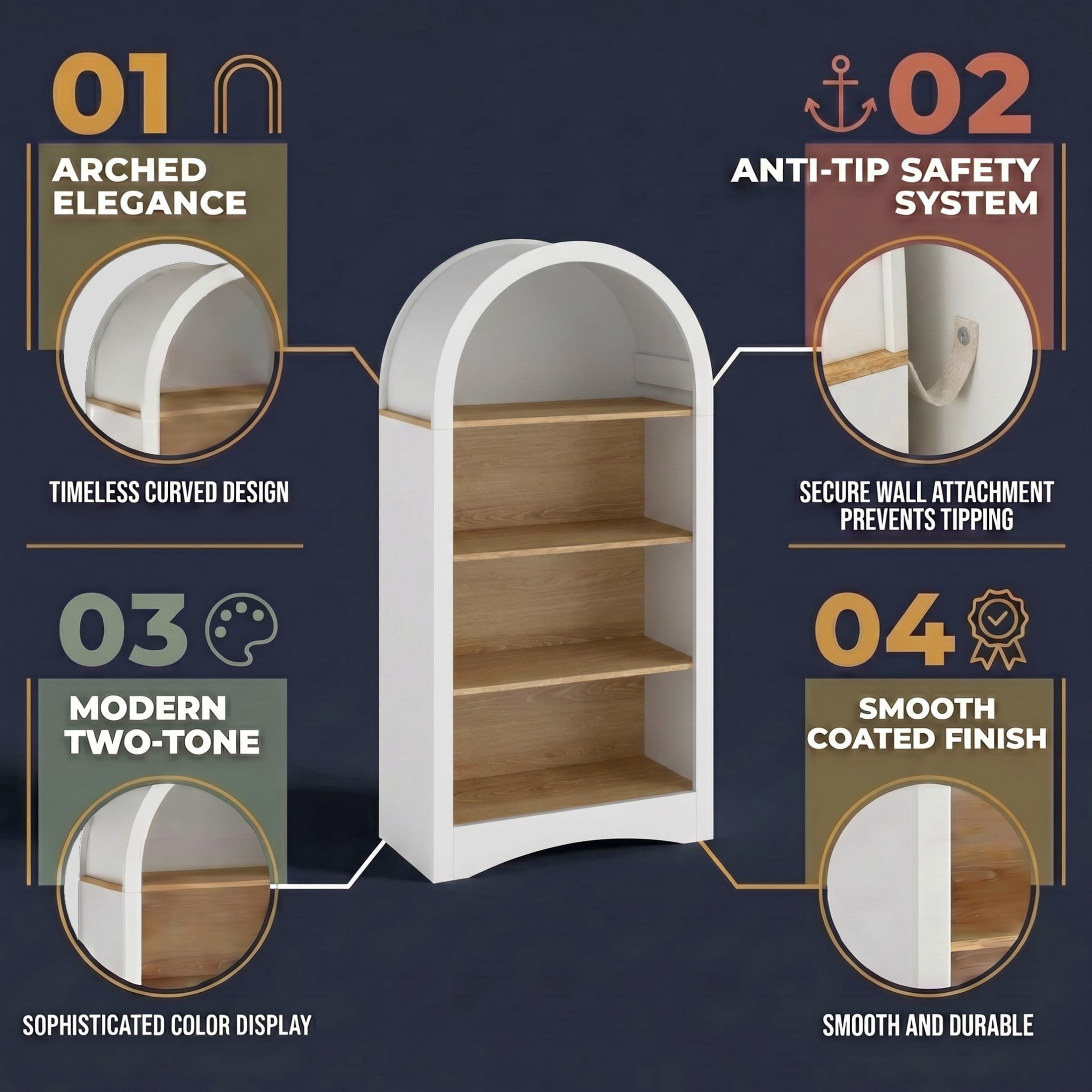 Noble House Eliver Freestanding Arched Storage Bookcase & Display Rack, Accent Space-Saving 4-Tier Open Shelf, White