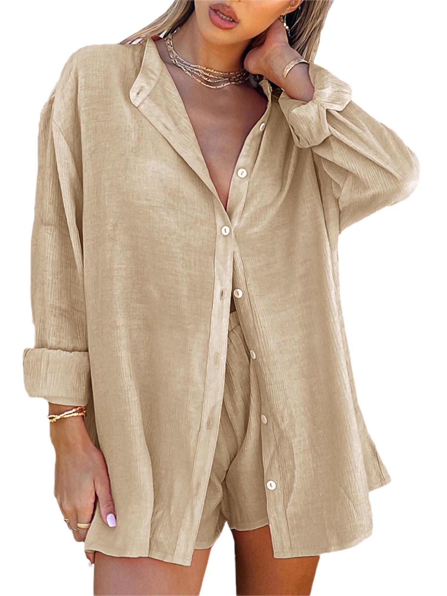 Sunisery Linen Short Sets Women 2 Piece Outfits Long Sleeve Shirts + High Waisted Shorts