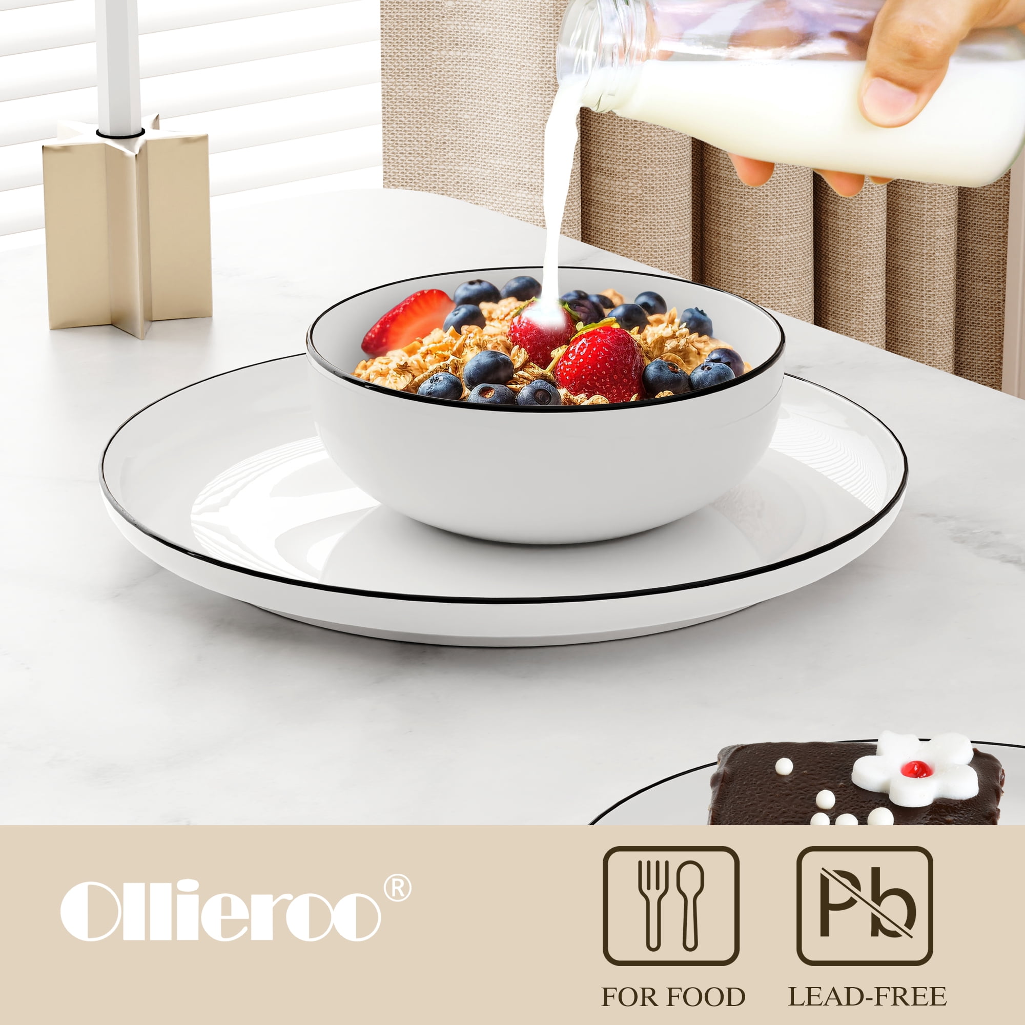 Ollieroo Kitchen Plates and Bowls Sets, 12 Pieces Porcelain Dinnerware Set for 4, Handmade Ceramic Dish Set wtih Black Rim, Ceramic Dishware Dishes Microwave and Dishwasher Safe