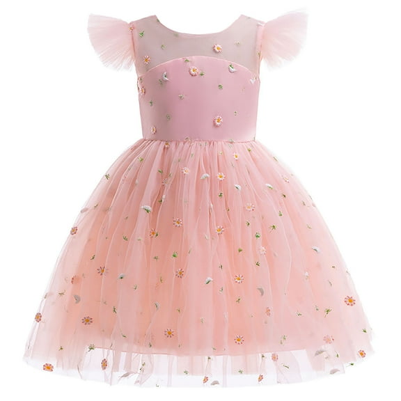 LUOGENLI Girls Dresses Size 14-16 Formal Child Girls Summer Fly Sleeves Tulle Dress Flower Embroidery Bow Knot Princess Dress Gown Dress Girls Dresses Size 5T Girls Dresses Size 7/8 10-11 Years