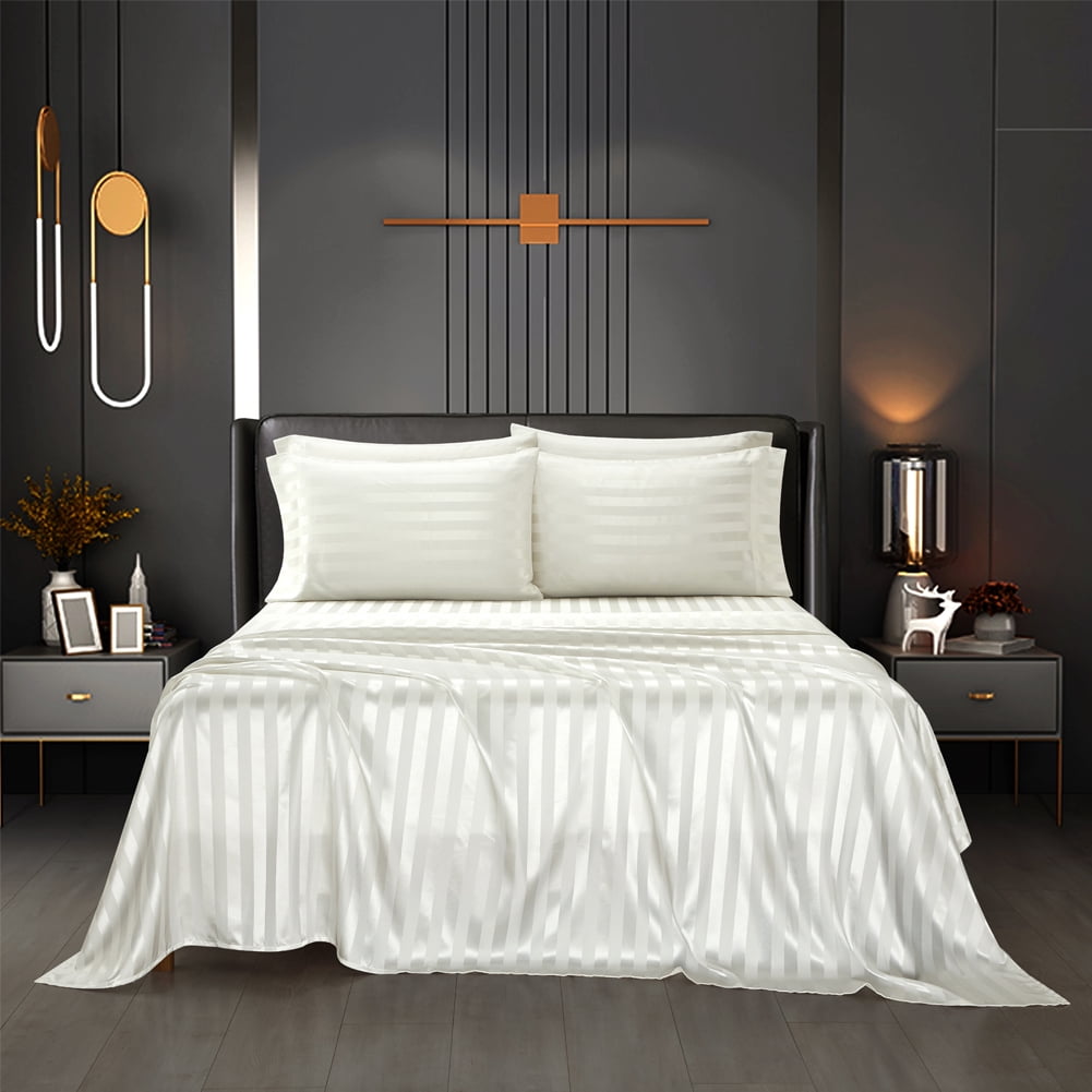 AiMay Italian Style  6 Piece Satin Bed Sheet Set Stripes Super Soft Deep Pocket 1800 Luxury Rich Silk 1 Flat Sheet 1 Fitted Sheet 4 Envelope Pillowcases Stain-Resistant Wrinkle Free (King, Off White)