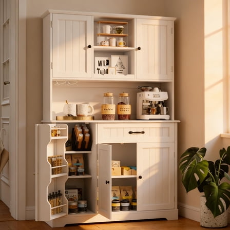 Kitchen Pantry Cabinet, Tall Storage Cabinet with Microwave Shelf, Drawer, Adjustable Shelves,Farmhouse Hutch for Dining Room,White