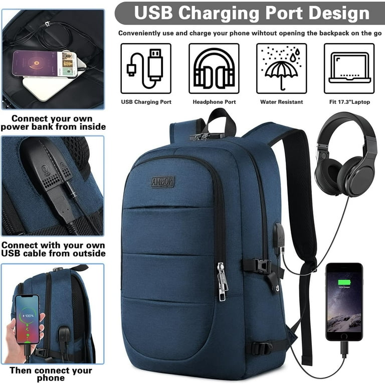 AMBOR 17.3 Inch Laptop Backpack Anti Theft Business Travel Backpack with USB Charging Port and Headphone Interface Walmart