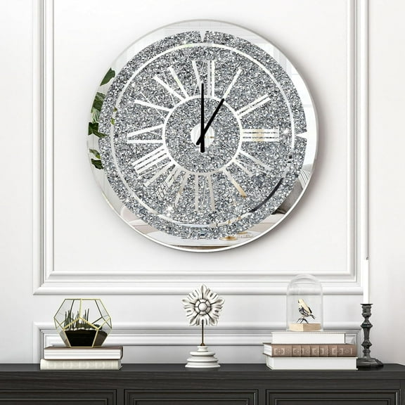 SHYFOY 24" Crushed Diamond Round Wall Clock, Luxury Mirror Glass Silent Non-Ticking Clock with Roman Numerals for Living Room or Office Decor