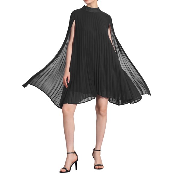 INSPIRE CHIC Chiffon Dresses for Women's Loose Flowy Cloak Sleeve Cape Pleated Dress M Black