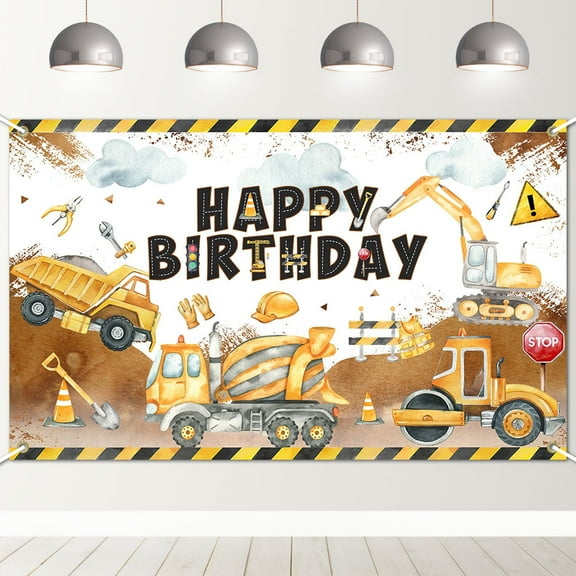 Mocsicka Construction Birthday backdrop Truck Happy Birthday Banner for Boy Construction Party Decorations Photo Background