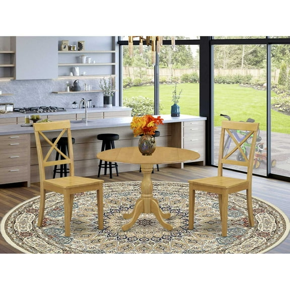 East West Furniture DMBO3-OAK-W 3 Piece Dining Room Table Set - Dropleaf Oak Dining Room Table and 2 Oak Wooden Dining Chairs with X-Back - Oak Finish