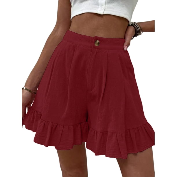 Txlixc Pantalones cortos casuales de verano para mujer, pantalones de pierna ancha de cintura alta de color sólido con dobladillo con volantes, S/ M/ L/ XL/ XXL Txlixc Estilo de ocio