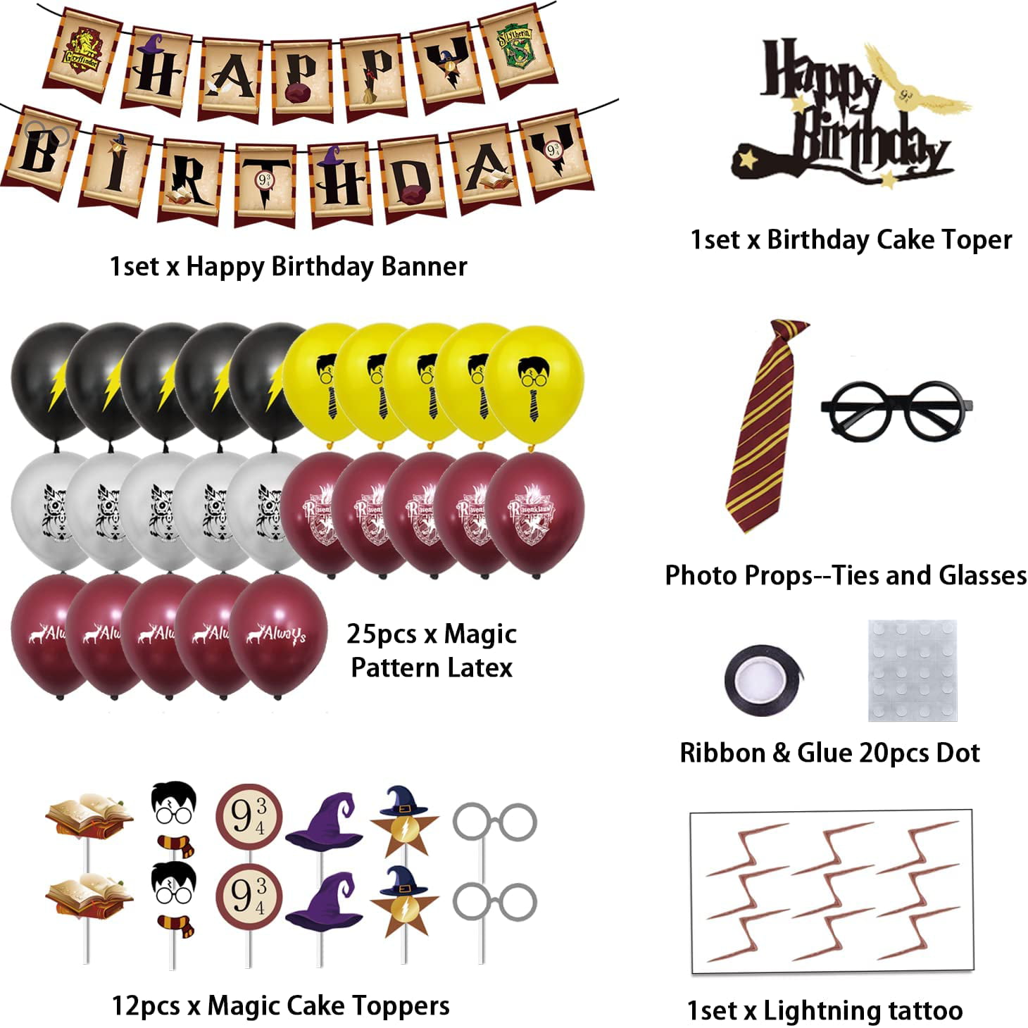 Harry Potter Themed Birthday Party Decorations Supplies HUGE RE-USEABLE  BANNER INCLUDED Balloons, Flag, Cake Cupcake Topper & Tattoos