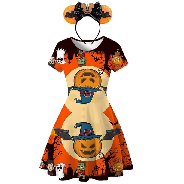2022 nuevo vestido para niñas Halloween bruja calabaza dibujos animados estampado 3D vestidos casuales ropa para niños verano princesa carnaval fiesta disfraz 4T (Tag120) Gao Jinjia LED