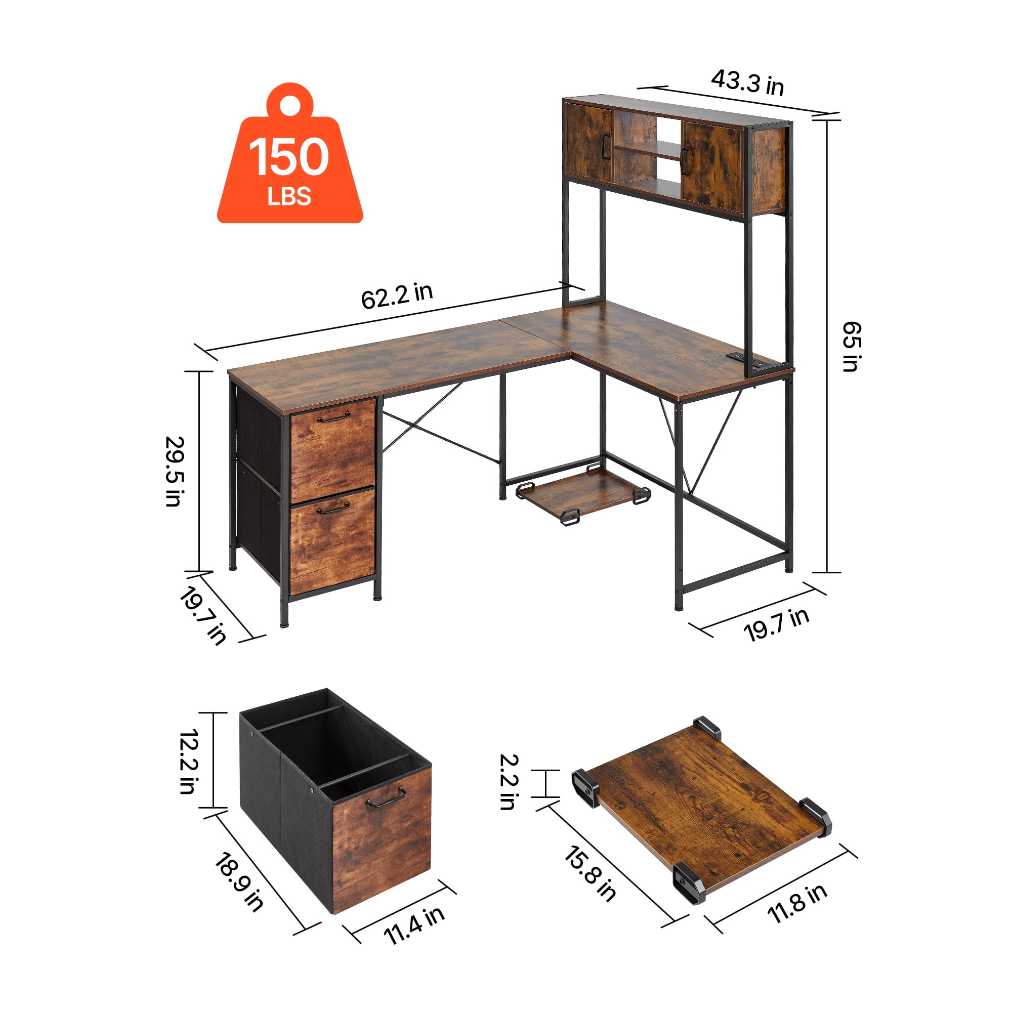 KFFKFF L-Shaped Gaming Desk with LED Lights, 62.2-inch Reversible Corner Computer Desk with Power Outlets, Adjustable CPU Stand & Storage Drawers, Modern PC Gaming Table for Home Office