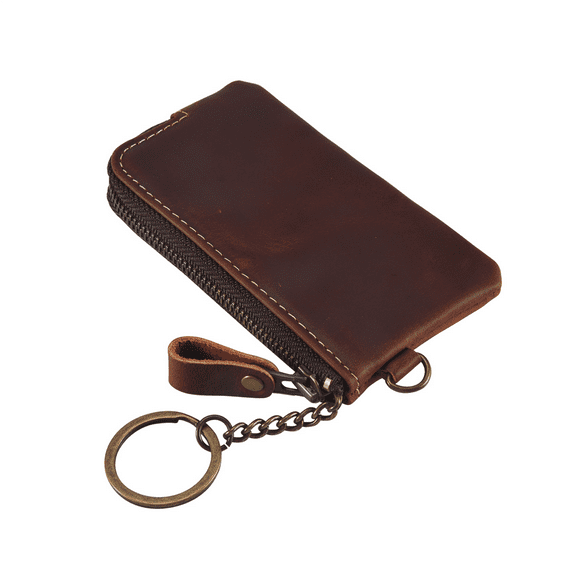 Genuine Leather Men Key Wallet,Zipper Housekeeper Pouch Holder,Keychain Crazy Horse Coin Purse