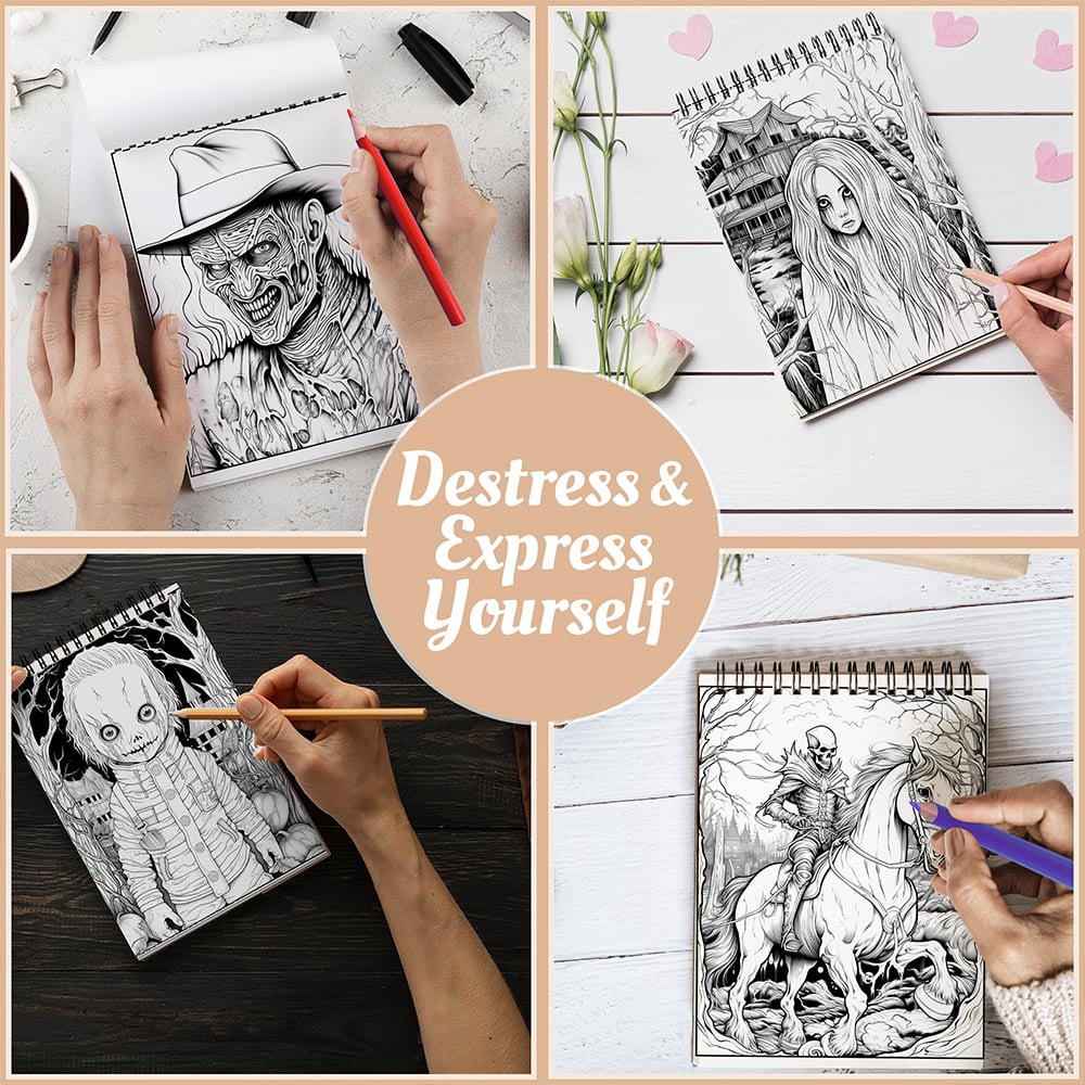 Netecom Horror Freak Coloring Book Spiral Bound For Adults, A5 Wooden Cover, 30 Macabre Coloring Pages of Haunted Scenes for Stress Relief and Relaxation