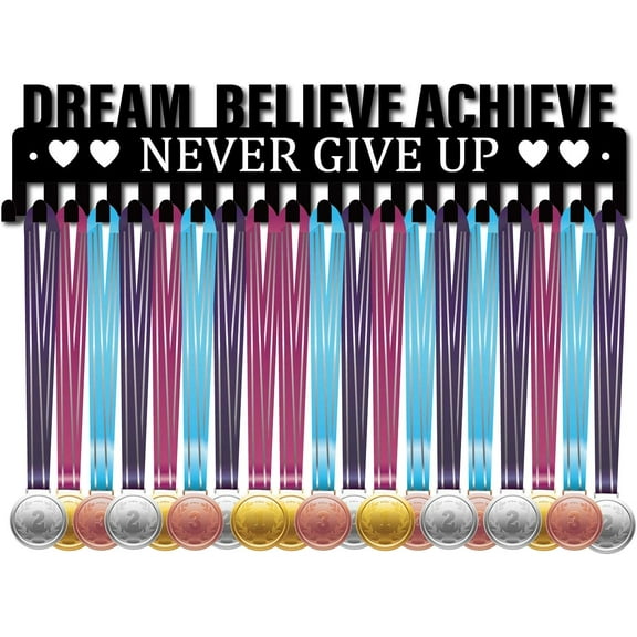 Medal Holder Display Hanger Rack Sports Dream Believe Achieve Never Give Up Metal Wall Mount with 20 Hooks for Race Runner Players Gymnastics Gymnast Over 60 Medals Black 15.7 x 3.5inch DIY