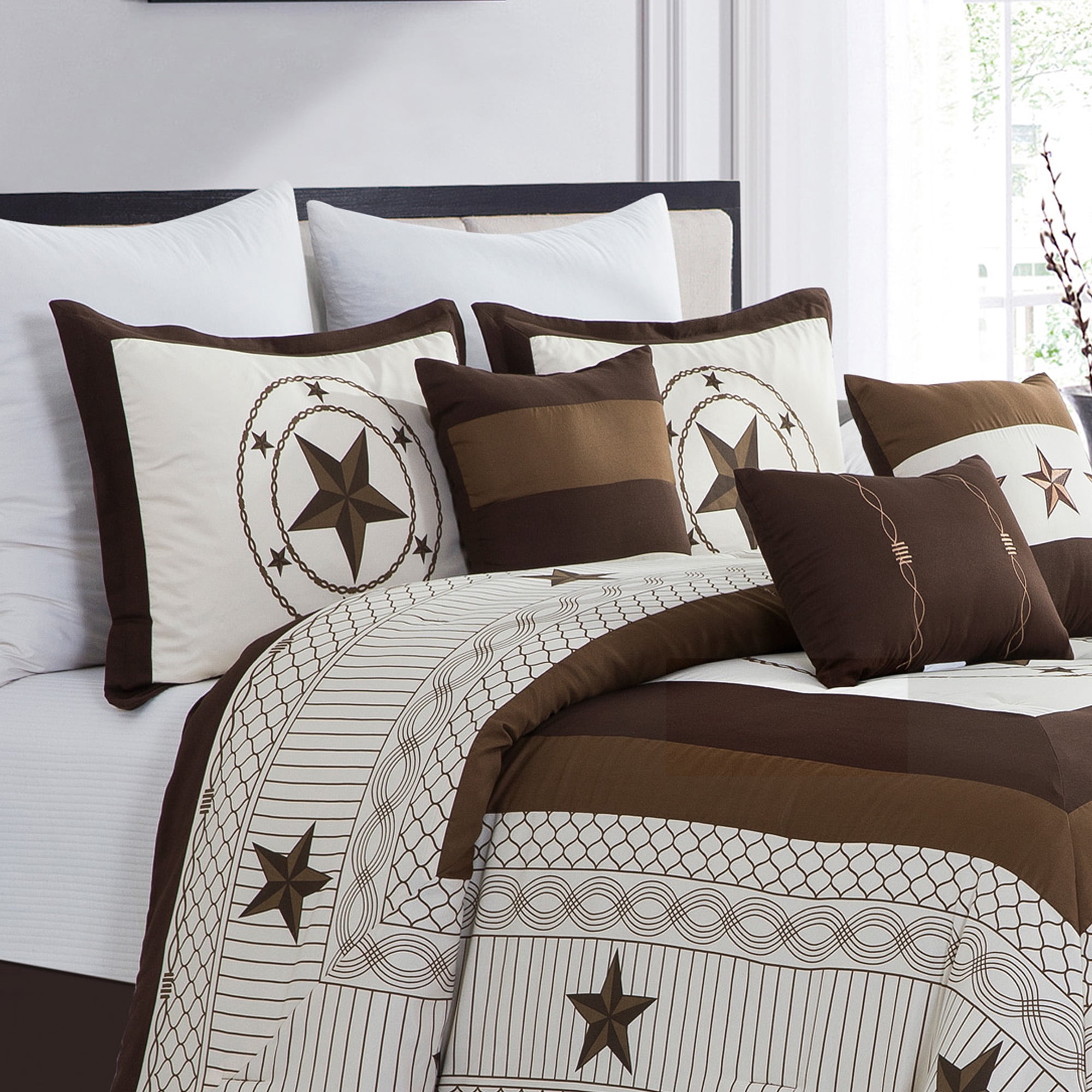 HIG 7 Pieces Beige Geometric Printed Comforter Set Color Block Patchwork Bed in A Bag, King