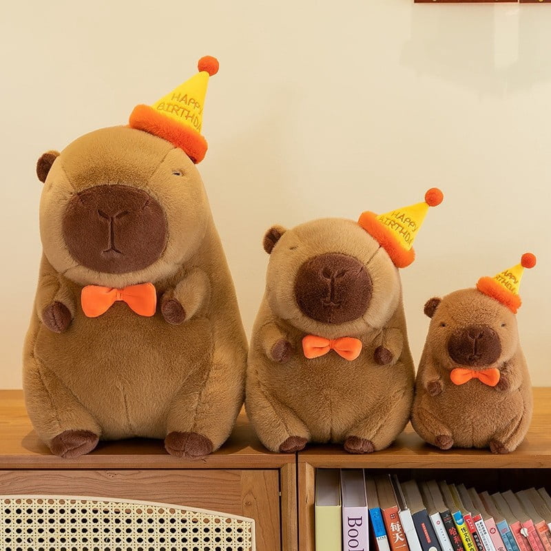 Cute Capybara Plush Toy with Birthday Hat, Soft Stuffed Animal Plush Doll Kawaii Plush Decor Gift for Friends Teens Adults Home Desk Decoration