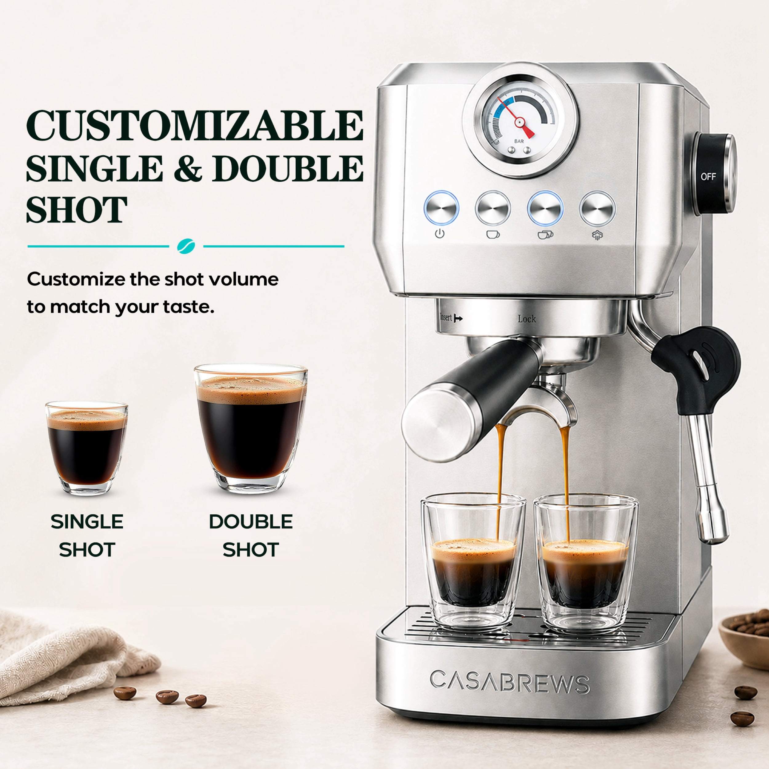 Casabrews 3700Gense Espresso Machine with 58mm Portafilter, PID Temperature Control, Pressure Gauge, 20-Bar Pump, Steam Wand & Stainless Steel Design