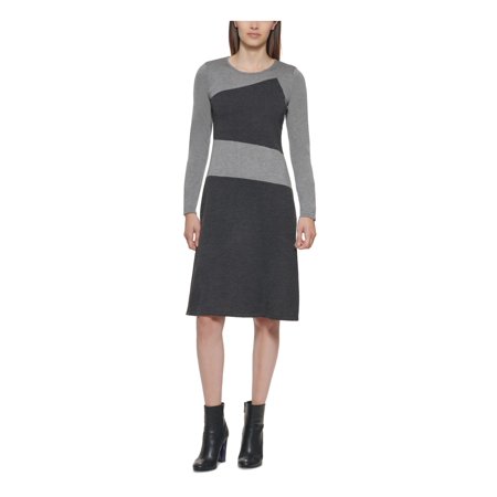 CALVIN KLEIN Womens Gray Knit Fitted Color Block Long Sleeve Round Neck Knee Length Party Sweater Dress M
