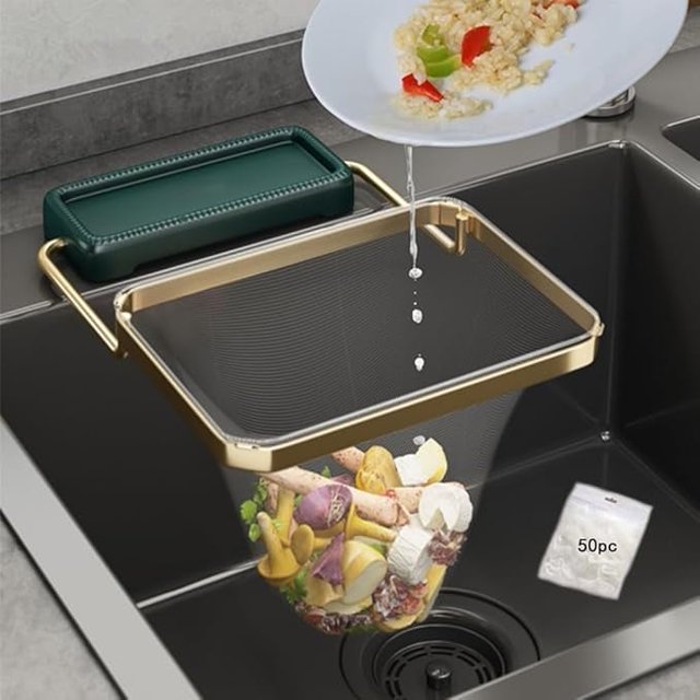 Escurridor de fregadero con colador, colador de fregadero de cocina plegable, ventosa antiobstrucción para atrapar alimentos, filtro de fregadero de esquina desechable con 50 mallas de filtro, verde