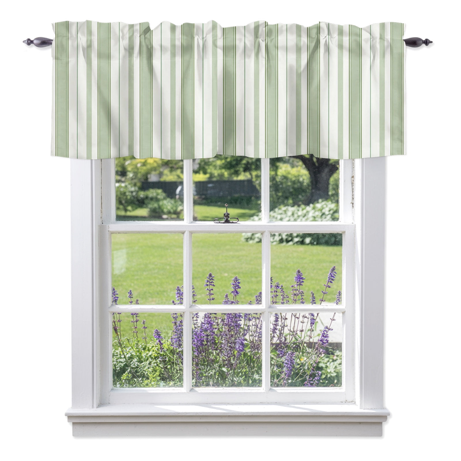 Curtain Valance for Windows Sage Green White Stripe Kitchen Valances Rod Pocket Short Curtains Modern Minimalist Geometric Line Window Valance for Bedroom Bathroom Living room 42x12in
