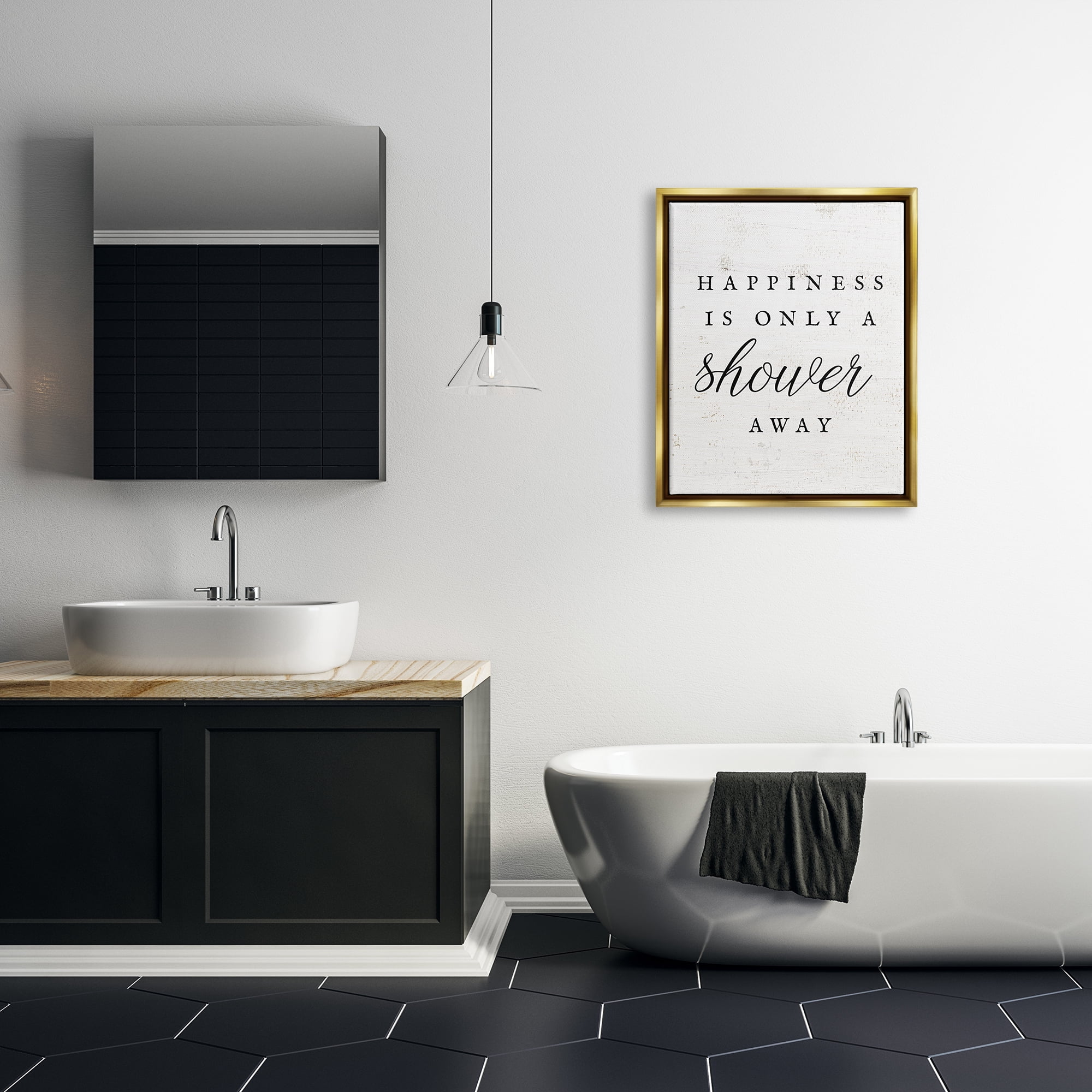 Stupell Industries Happiness Only A Shower Away Typography Painting Gold Floater Framed Art Print Wall Art