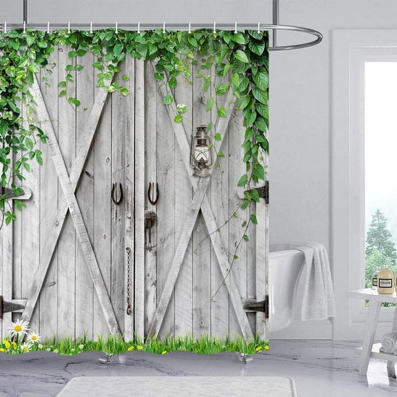 Rustic Wooden Board Barn Door Shower Curtains for Cabin Stall, Vintage Farmhouse Wooden Theme Plank Green Leaves RV Bath Curtain, Fabric Grass and Flowers Spring Decor Curtains with Hooks 36X70IN