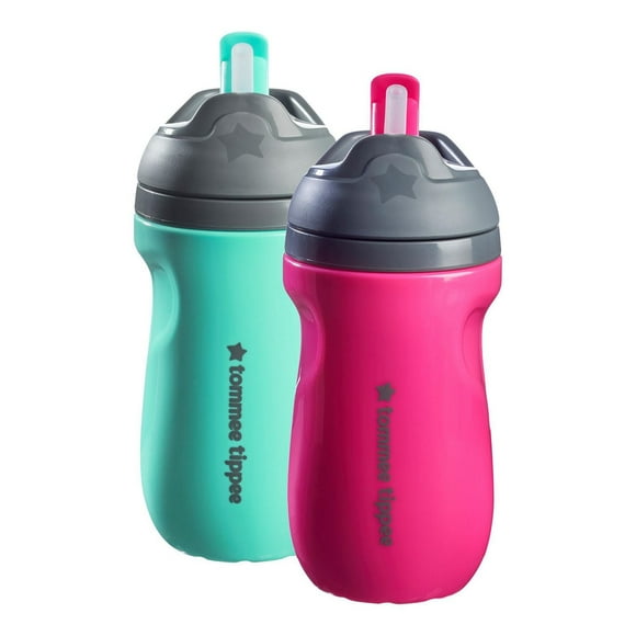 Tommee Tippee Insulated Non-Spill Straw Cup, 12m+ Toddler Training Drinking Bottle, 100% Leak Proof, Pack of 2, Pink and Mint
