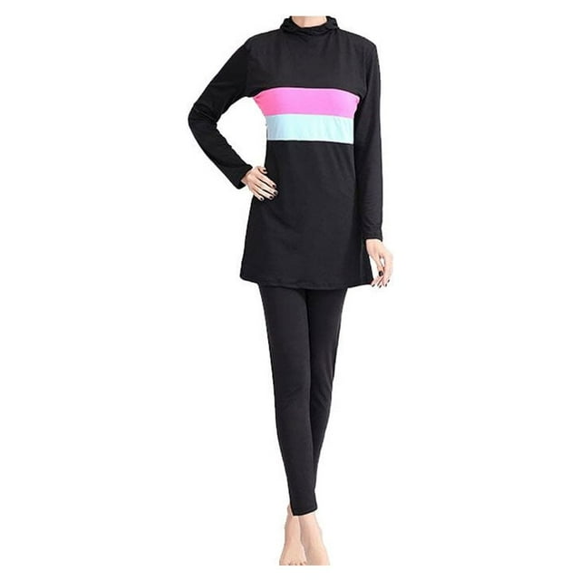 EeaseMX Traje de baño deportivo de dos piezas de manga larga para mujer, ideal para playa, surf y natación (negro, rosa y verde, talla XL).