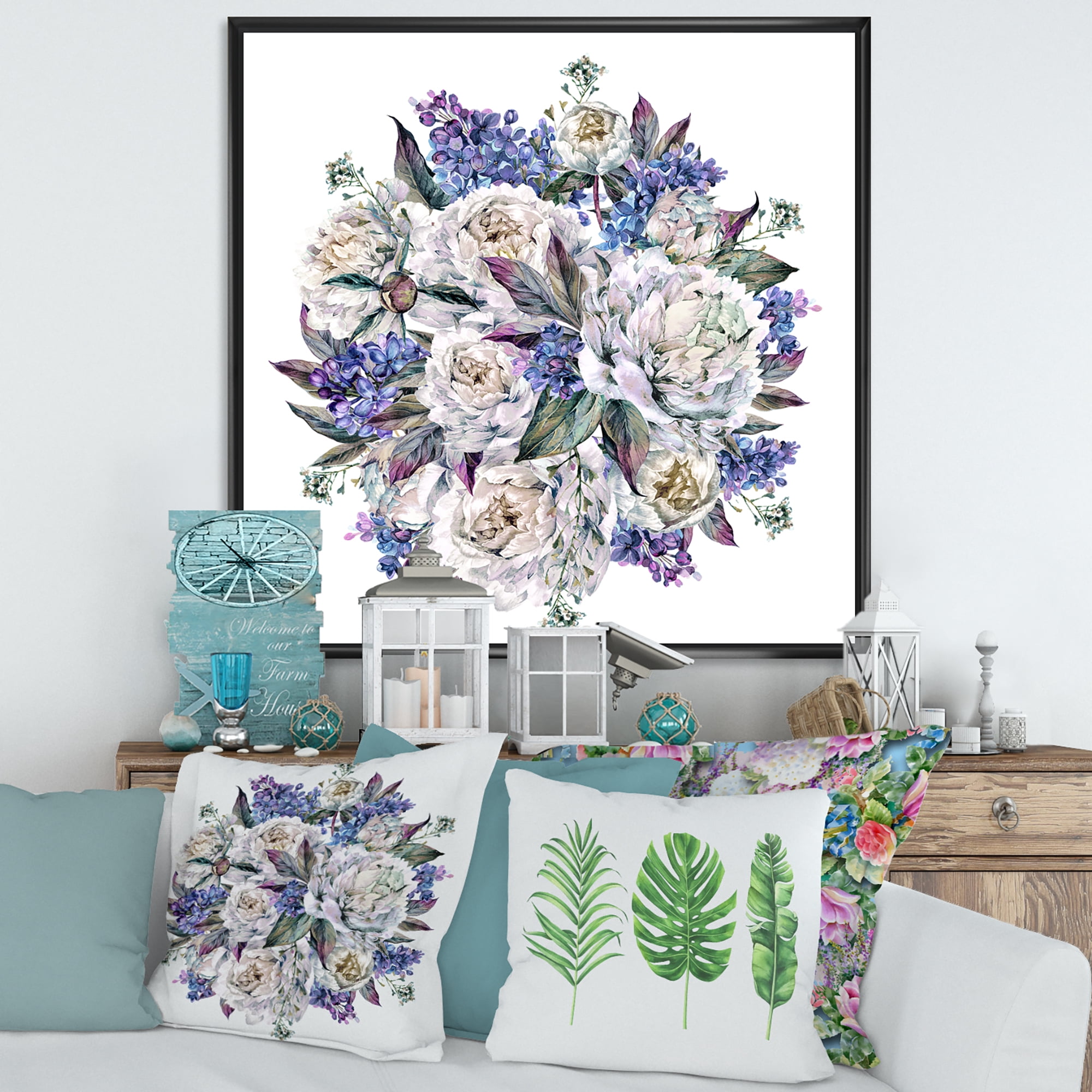Designart 'Bouquet Peonies In Blue and White' Traditional Framed Canvas Wall Art Print