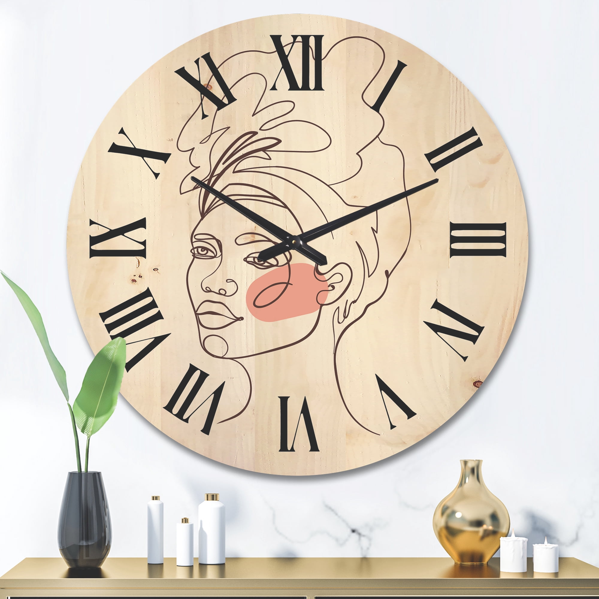 Designart 'One Line Portrait of Afro American Woman III' Modern Wood Wall Clock