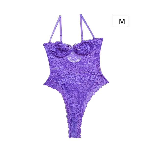 Sexy mono de encaje con encanto mono suave con tirantes para mujer, M, morado sidaley XX000118-04