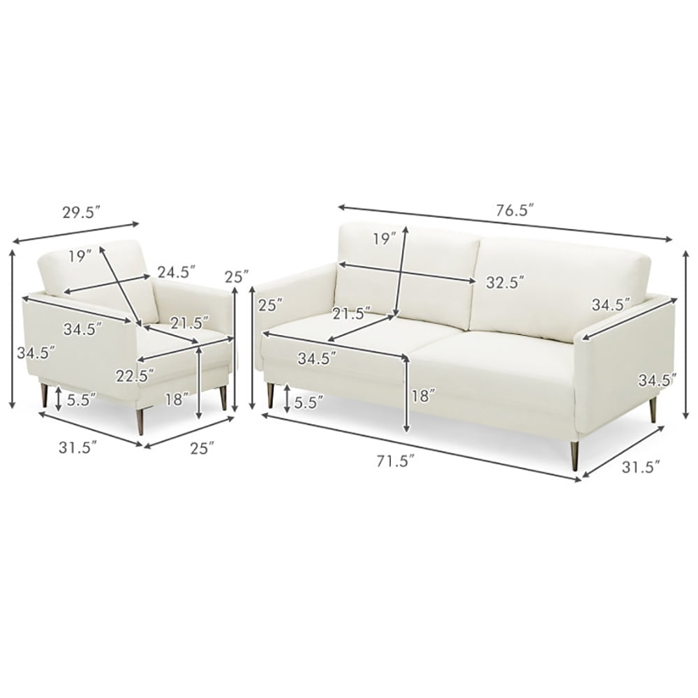 Finihen Sofa Set, Modern Sofa Couch with Solid Metal Legs and Removable Backrest Cushion, for Living Room, Bedroom, White
