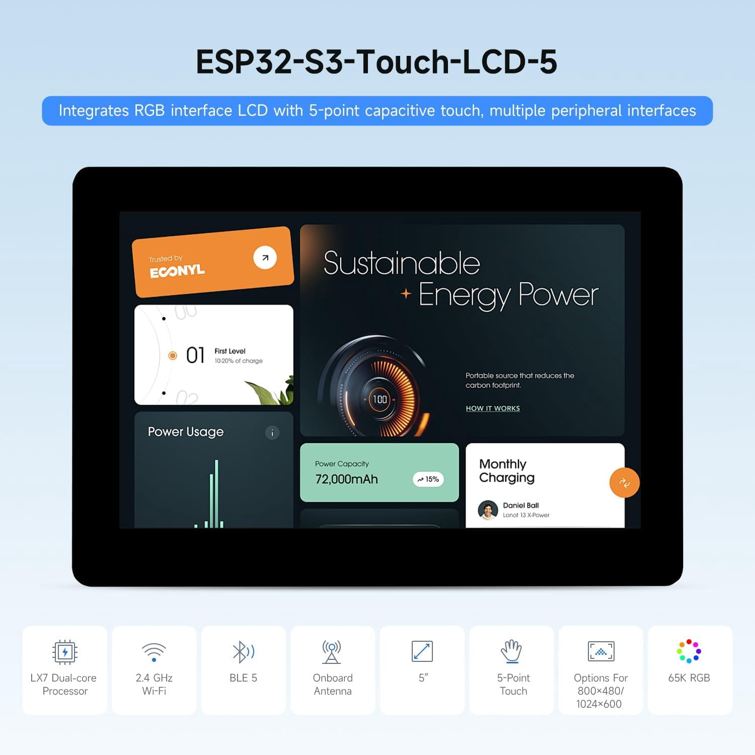 ESP32-S3 5inch Capacitive Touch Display Development Board, 5-Point Touch, 32-Bit LX7 Dual-Core Processor, Support Wi-fi & BLE, with Onboard Antenna, 1024x600 Display Resolution
