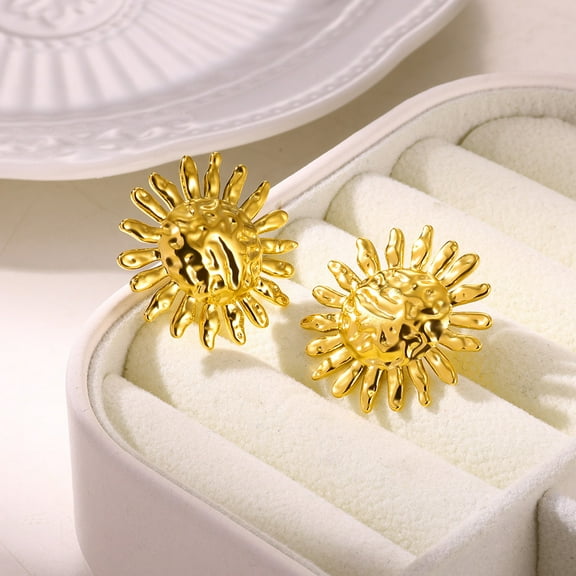 NICKSUN 18K Gold Plated Statement Earrings For Women Vintage Textured Sunflower Earring Large Stud Earrings Hypoallergenic Stud