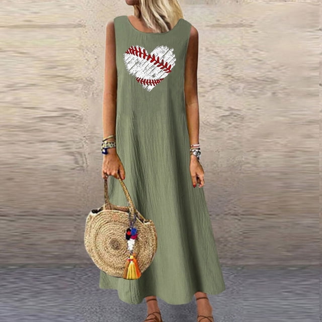 FcBaudy Robe Sans Manches Col Rond, Robes d'Été pour Femmes, Robes Mode Femmes Robes d'Été Décontractées Col Rond Sans Manches avec Poches Robe Longue de Plage pour Vacances