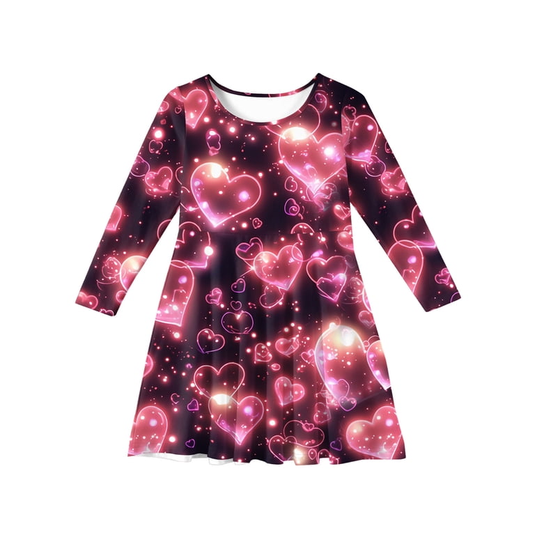 Valentines Dresses for Girls Holiday Long Sleeve Dress Heart Print Crew Neck Dresses Knee Length Cute Dress(Pink110)
