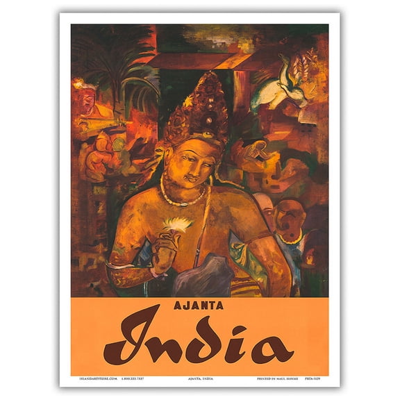 Ajanta Caves India - Ancient Painting of Bodhisattva Padmapani - Vintage Travel Poster c.1959 - Master Art Print (Unframed) 9in x 12in
