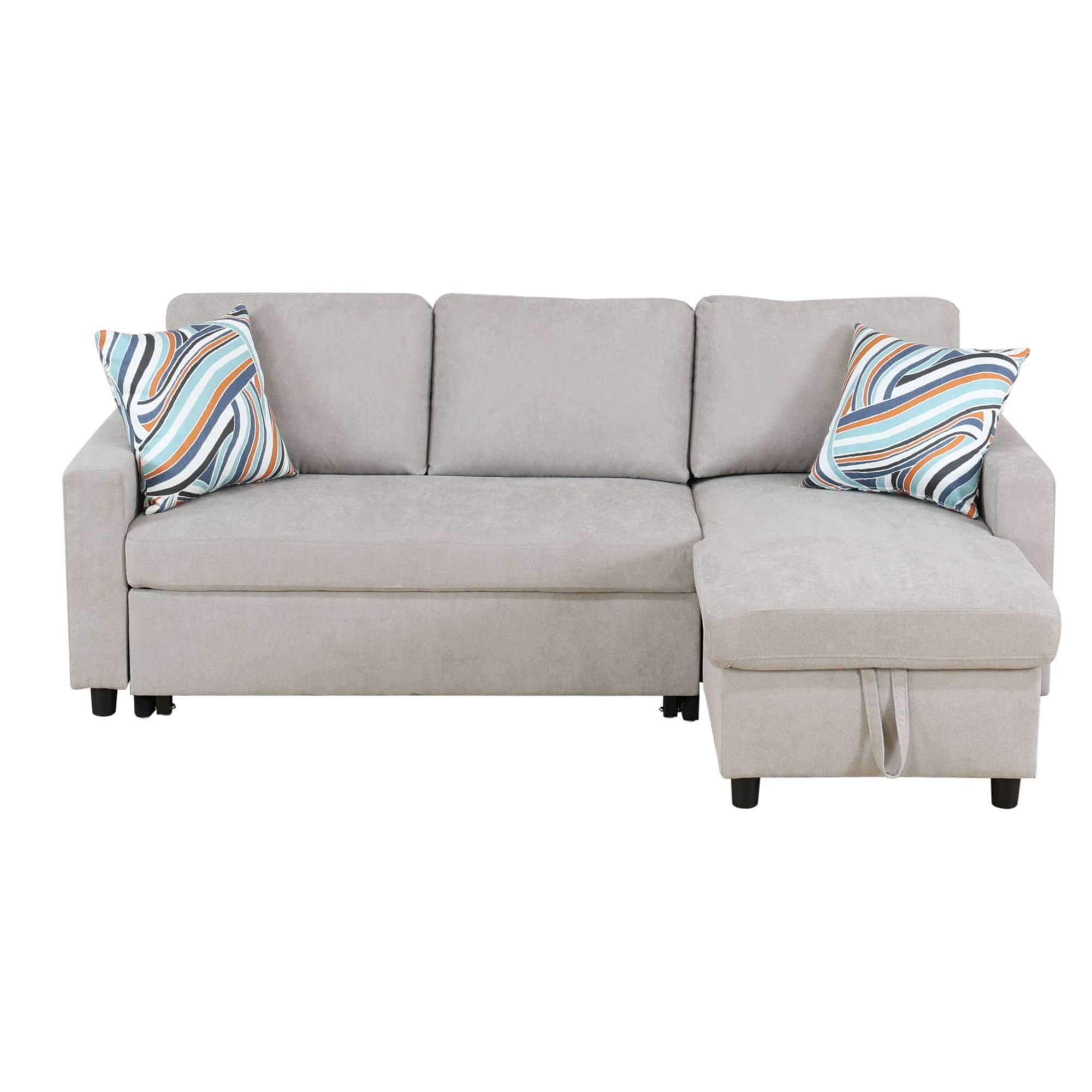 Pull Out Sofa Bed with Storage Chaise, L Shape Sectional Couch Bed Sleeper Sofa with 2 Pillows for Living Room, Light Grey
