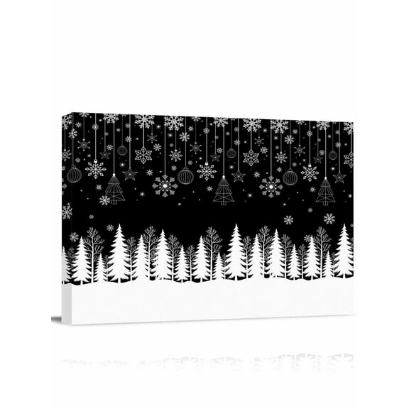 Black Christmas Canvas Print Wall Art Christmas Trees Snowflakes Snowy Winter Pictures Painting Morden Artwork for Living Room Bedroom, Ready to Hang - 12"x16"